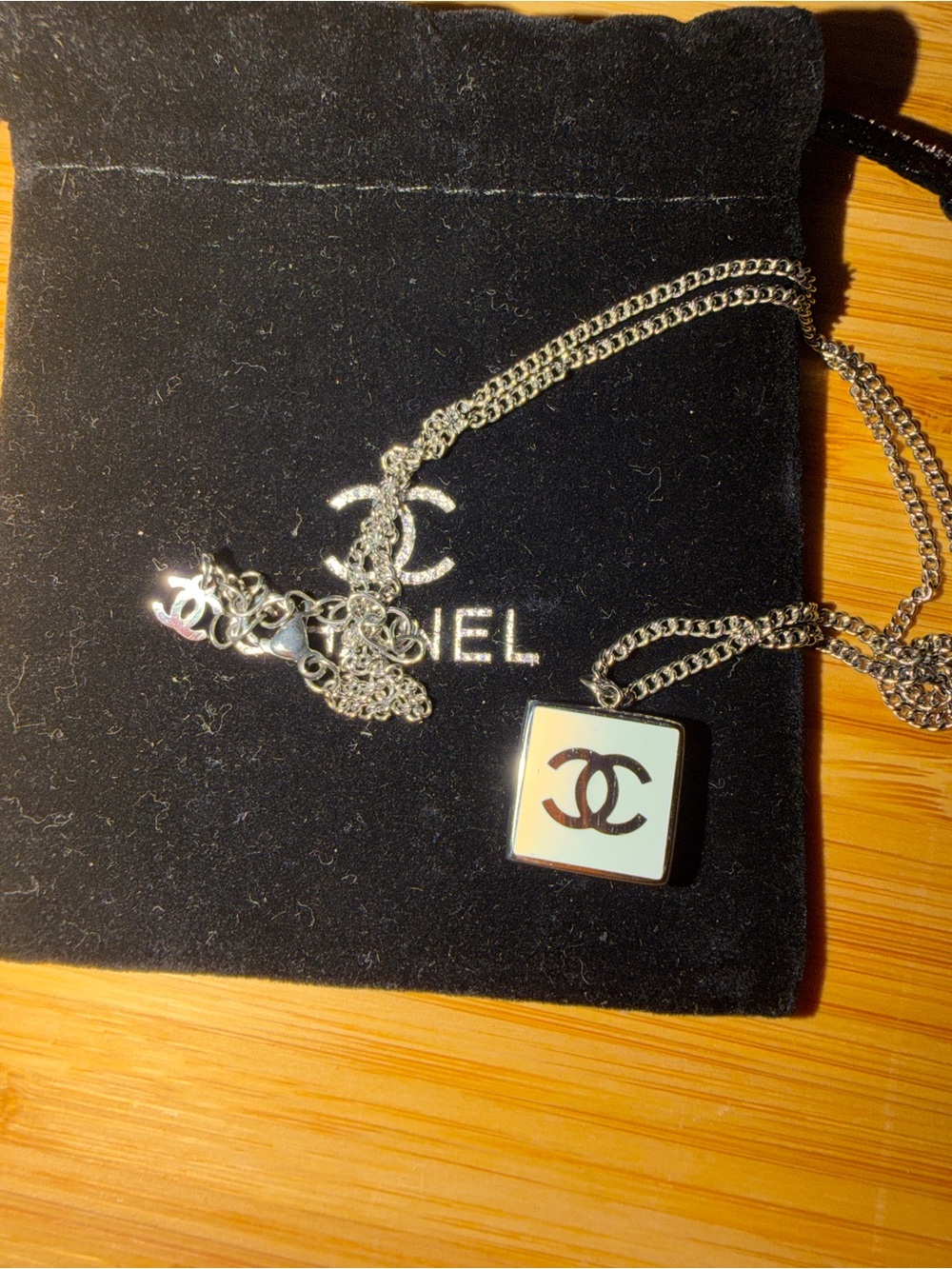 Authentic Chanel 23C Square Enamel CC Logo Pendant Necklace- Silver/White